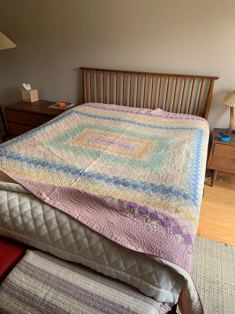 Vintage Around the World Diamond Quilt Bedspread - Soft Multicolor